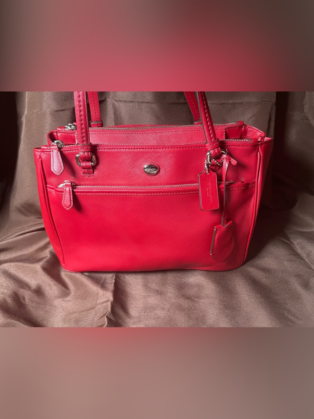 Coach Bright Red Shoulder Tote with Signature Tag